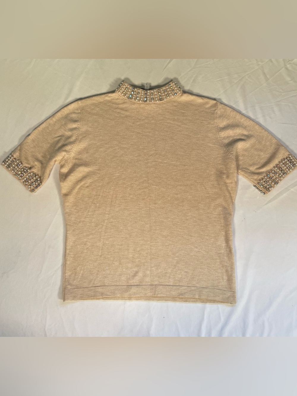 LIV Milano Womens Beige Pearl Rhinestone Embellished Mock Neck Knit Top Size S